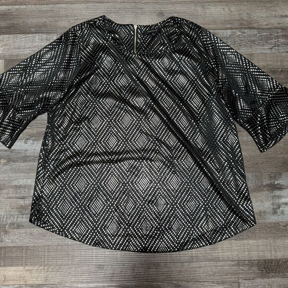 Ellen Weaver Top Womens 1X Plus Black Floral 3/4 Sleeve Zip Back Stretch Blosue - Picture 1 of 9